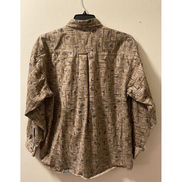VTG Orvis Men's Shirt XL AOP Fishing Lures Graphic Button Up Shirt Hong Kong Tan - Picture 6 of 9